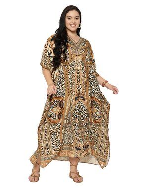 Animal Printed Polyester Plus Size Caftan Dress Loose Beach Cover Up Maxi Dress